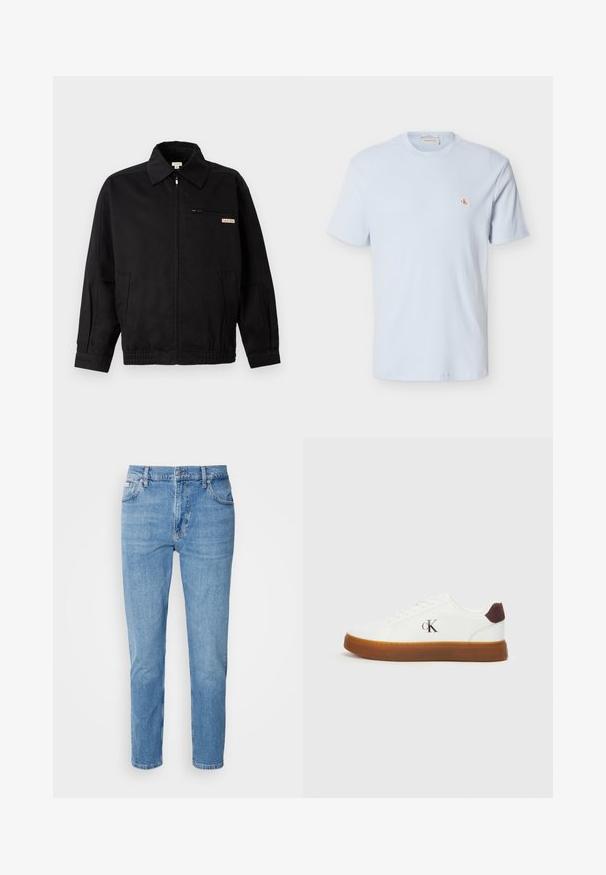 Calvin Klein Jeans JACKET - Lichte jas - black; Lichtblauw T-shirt met korte mouwen van wafelstructuur, ronde hals en een klein rood "CK" logo-patch op de linkerborst.; Lichtblauwe denim jeans met een rechte pasvorm, vijf zakken en subtiele vervaging. Voorzien van een knoopsluiting en riemlussen.; Witte sneakers met een rubberen gum zool, platte veters en een bruine suède hakaccent. Voorzien van een subtiele geperforeerde "cK" logo aan de zijkant.