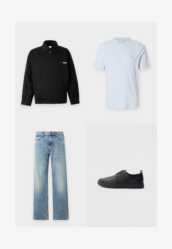 Calvin Klein Jeans JACKET - Leichte Jacke - black; Hellblaues, kurzärmeliges Waffelstrick-T-Shirt mit Rundhalsausschnitt und kleinem rotem "CK"-Logo-Patch auf der linken Brust.; Hellblaue Jeans mit geradem Bein, hohem Bund, fünf Taschen, Knopfverschluss und dezentem Verblassen an Oberschenkeln und Knien.; Schwarze Leder-Sneaker mit glatter Oberfläche, abgerundeter Zehenpartie, gleichfarbiger Nähte, schnürbarem Vorderteil und flacher Gummisohle. Schlaufe an der Ferse.