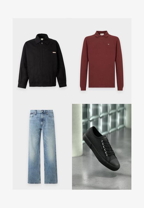 Calvin Klein Jeans JACKET - Leichte Jacke - black; Bordeauxrot langärmliges Poloshirt aus Baumwolle, mit klassischem Kragen, Drei-Knopf-Leiste und kleinem gesticktem Logo auf der Brust.; Hellblaue Jeans mit geradem Bein, hohem Bund, fünf Taschen, Knopfverschluss und dezentem Verblassen an Oberschenkeln und Knien.; Schwarzer Sneaker mit niedrigem Schaft und strukturiertem Muster, schwarzer Sohle und Schnürsenkeln, schwebt über einem polierten Betonboden in der Nähe von Glasbausteinen.
