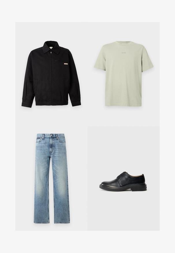 Calvin Klein Jeans JACKET - Letná bunda - black; Svetlozelené bavlnené tričko s okrúhlym výstrihom, krátkymi rukávmi a malým logom Calvin Klein v tmavšom odtieni potlačeným na hrudi.; Svetlomodré riflové nohavice s rovnými nohavicami, vysokým pásom, piatimi vreckami, zapínaním na gombík a jemným vyblednutím na stehnách a kolenách.; Čierne kožené oxford topánky s okrúhlym špičkou, šnurovaním vpredu a nízkym vrstveným podpätkom na svetlom jednolatom pozadí.