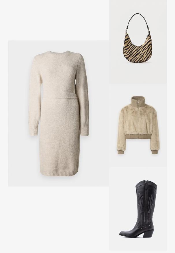 Veste courte en fausse fourrure beige, dotée d'un col montant cannelé et de poignets, ainsi que d'une fermeture éclair centrale pour un enfilage facile.; Robe en tricot beige à manches longues, col rond et finition texturée. Taille cintrée avec une bande d'accent, ourlet au genou.; Bottes de cow-boy en cuir noir avec bout pointu, coutures apparentes, ornements à clous argentés et fermeture éclair sur le côté intérieur.; Sac à épaule en imprimé zèbre beige et noir avec un fond en courbe et une seule poignée noire, photographié sur un fond blanc uni.
