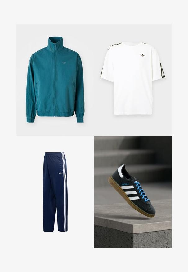 Türkisfarbene, leichte Jacke mit hohem Kragen, Reißverschluss vorne, zwei seitlichen Taschen, elastischen Bündchen und drei vertikalen Streifen an den Ärmeln.; Weißes Baumwoll-T-Shirt mit kurzen Ärmeln, ausgestattet mit schwarzen drei Streifen-Akzenten an den Schultern und einem kleinen schwarzen Logo auf der Brust.; Marineblaue Sweatpants aus glattem Stoff, mit drei weißen Streifen an den Seiten und einem kleinen Logo am Oberschenkel. Elastischer Bund.; Schwarzer Adidas-Sneaker mit weißen Streifen, blauen Schnürsenkeln und Gummisohle, der über einer grauen Betontreppe im weichen Licht schwebt.