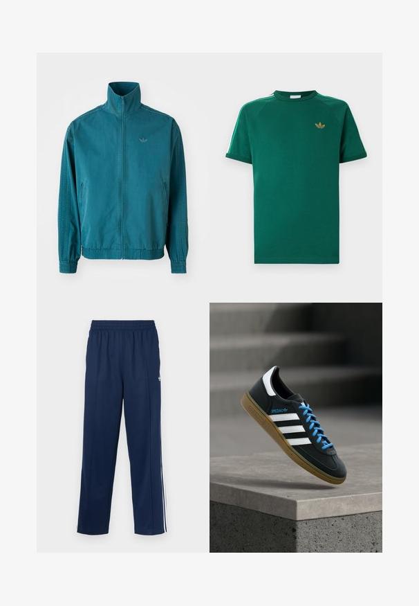 Türkiissinine kerge jakk kõrge kraega, lukuga ees, kahe küljetaskuga, elastsete mansettidega ning kolme vertikaalse triibuga varrukatel.; Roheline lühikeste varrukatega Adidas t-särk ümara kaelusega, kullakarva kolmelehelise logoga rinnal ja valgete triipudega roheliste servadega õlgadel.; Sügavsinised sportpüksid tekstuuri viimistlusega, elastse vöökohaga ja valgete küljeribadega. Omavad sirget lõiget ja taskuid ei ole.; Must Adidas toss valgete triibu, siniste paelte ja kummist tallaga, hõljuv pehme valgusega halli betoonastme kohal.