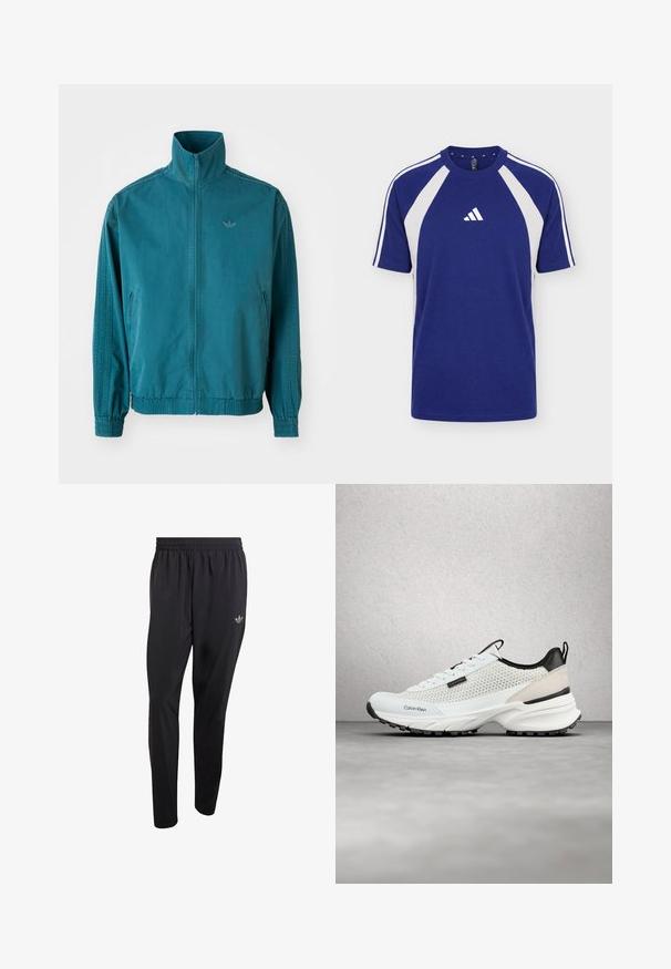 Türkisfarbene, leichte Jacke mit hohem Kragen, Reißverschluss vorne, zwei seitlichen Taschen, elastischen Bündchen und drei vertikalen Streifen an den Ärmeln.; Blau-weißes Sport-T-Shirt mit kurzen Ärmeln, Rundhalsausschnitt und Adidas-Logo in der vorderen Mitte.; Schwarze Sporthose aus leichtem Material mit elastischem Bund und einem kleinen eingeprägten Logo im oberen linken Beinbereich.; Weiße und schwarze Calvin Klein Sneaker mit Netzseiten und klobiger Sohle, die über einem grauen Boden in der Nähe einer Glasbausteinwand schweben.