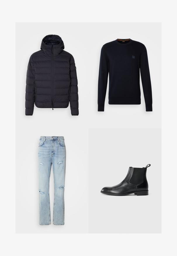 Puhvisuve, tumesinine, tikandiga horisontaalsete sektsioonidega, lukuga ees, reguleeritava kapuutsiga, elastsete mansettide ja küljetaskutega. Sile tekstuur.; Tumedan sinine kudumipullover, millel on pikad varrukad, ümar kaelus, soonikkraed ja -ääred ning rinnal väike ruudukujuline logo silt.; Heledad avatud pesu denimidest teksad, millel on vabalt langev lõige, sisaldades kulumisjälgi ja hõõrdunud ääri. Kanga tekstuur on pehme ja sile.; Must musta nahkjahi, millel on elastsed külgpaneelid, ümar varvas ja tõmbeaasa. Sile tekstuur, lame tald, minimalistlik disain.