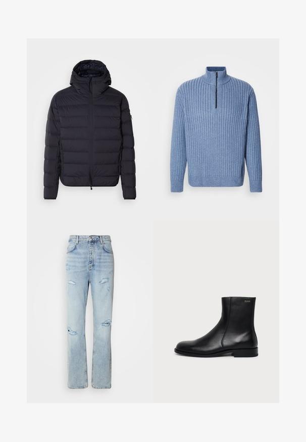 Opvouwbare jas, marineblauw, gewatteerd met horizontale secties, ritsluiting aan de voorkant, verstelbare capuchon, elastische manchetten en zijzakken. Gladde textuur.; Lichtblauwe, geribbelde gebreide trui met een opstaande kraag en een gedeeltelijke rits bij de hals; heeft lange mouwen en een rechte zoom.; Licht gewassen denim jeans met een ontspannen pasvorm, voorzien van versleten plekken en rafelige randen. De stof heeft een zachte, gladde textuur.; Zwarte leren enkellaars met lage hak, zijstiksels en klein "HUGO" logo op de bovenste boord tegen een effen achtergrond.