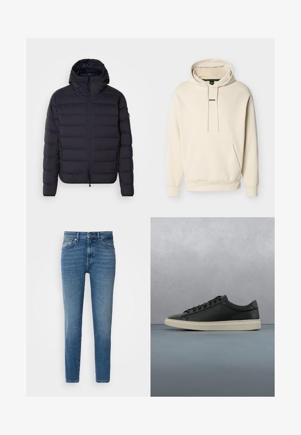 Chaqueta de plumas, azul marino, acolchada con secciones horizontales, frente con cremallera, capucha ajustable, puños elásticos y bolsillos laterales. Textura suave.; Sudadera con capucha color crema con bolsillo frontal, cordones ajustables y logo "BOSS" bordado en negro en el pecho. Material suave.; Jeans de denim azul claro con corte recto, diseño tradicional de cinco bolsillos, cierre de botón de metal y un ligero desvanecimiento en la parte delantera.; Zapatilla de cuero negro con un acabado texturizado, que cuenta con una suela de goma beige y cordones negros, diseñada con un perfil bajo y un diseño minimalista.
