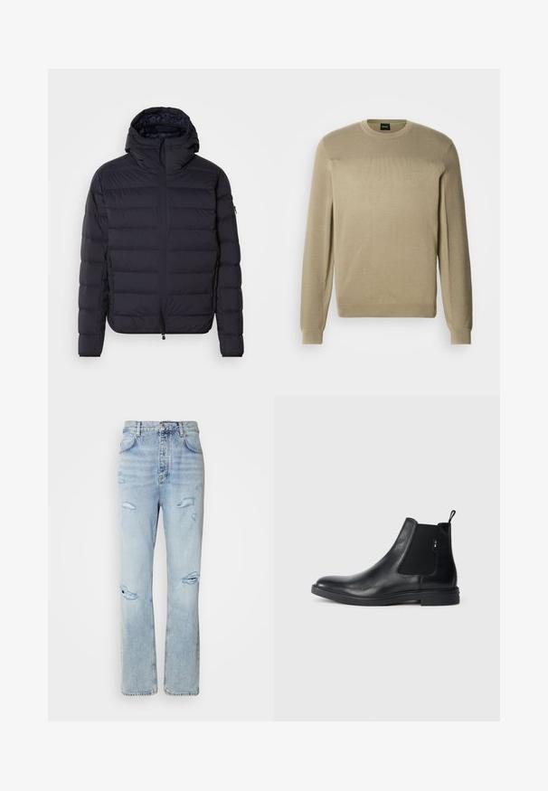 Pufjakke, marineblå, kviltet med vandrette sektioner, lynlåslukning foran, justerbar hætte, elastiske manchetter og sidelommer. Glat tekstur.; Beige sweater lavet af blødt strikket stof med rund halsudskæring, lange ærmer og struktureret rib på skuldrene. Diskret logo-detalje.; Lysvaskede denimjeans med en afslappet pasform, der har slidte områder og frynsede kanter. Stoffet har en blød, glat tekstur.; Sorte læder Chelsea støvler med elastiske sidepaneler, en pull-tab og en flad gummisål. Glat tekstur med minimal detaljer.