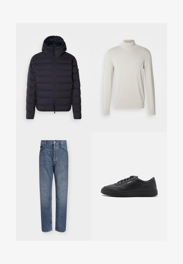 Puhvisuve, tumesinine, tikandiga horisontaalsete sektsioonidega, lukuga ees, reguleeritava kapuutsiga, elastsete mansettide ja küljetaskutega. Sile tekstuur.; Hele beež turtleneck-sweater, mis on valmistatud pehmest kudumisest, pikkade varrukatega ja rinnal on väike ruudukujuline logo insignia.; Sirge säärega sinised teksapüksid, kõrge vöökohaga, ees klapiga ja viie taskuga, ühel lihtsal heledal taustal.; Mustad nahkspordijalatsid siledast materjalist, ümarate varvastega, tasase kummist tallaga ja tooni sobivate paeltega. Küljes on kuldne "BOSS" bränding.