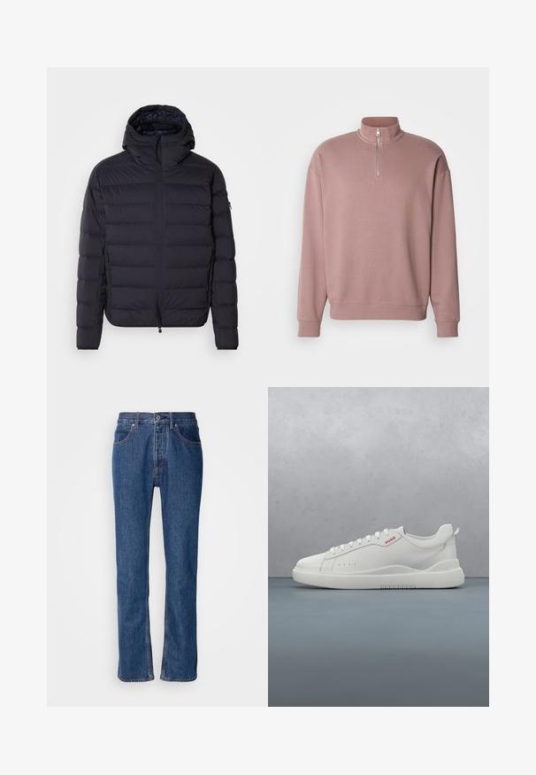 Puhvisuve, tumesinine, tikandiga horisontaalsete sektsioonidega, lukuga ees, reguleeritava kapuutsiga, elastsete mansettide ja küljetaskutega. Sile tekstuur.; Roosa pullover-sweater kõrgema kraega, pool-kinnitus ja soonikkoes varrukad. Esiküljel on peen logo detail. Pehme materjal.; Sinine denimist valmistatud sirge lõikega teksad, viie-tasku disainiga ning kergete õmblustega. Omab lukuga esiotsa ja nupuga kinnitust.; Valged spordijalatsid siledast nahast, ümar varvas, neli silmaauku, kerged perforatsioonid ja punane logo külje peal.