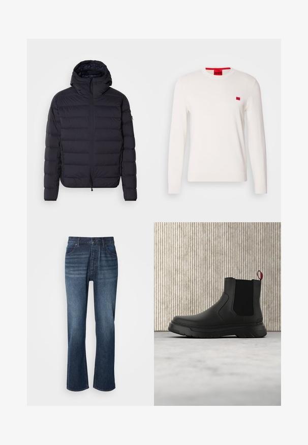 Pufjakke, marineblå, kviltet med vandrette sektioner, lynlåslukning foran, justerbar hætte, elastiske manchetter og sidelommer. Glat tekstur.; Hvid crewneck sweater med lange ærmer, lavet af blødt stof. Har en lille rød logo-patch på brystet og en kontrasterende rød mærkat ved halsudskæringen.; Denim jeans med lige ben design, medium vask, fem-lomme stil og knaplukning. Stoffet har en glat tekstur med let falmede områder.; Sort ankelstøvle med en glat overflade, elastiske sidepaneler og en kontrasterende rød træksløjfe, der har en tyk gummisål og rund tå.