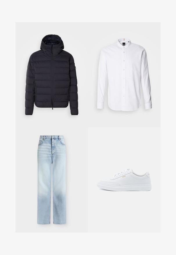 Opvouwbare jas, marineblauw, gewatteerd met horizontale secties, ritsluiting aan de voorkant, verstelbare capuchon, elastische manchetten en zijzakken. Gladde textuur.; Witte lange mouwen shirt met een bandkraag, knoopsluiting aan de voorkant en afgeronde zoom. Gemaakt van katoen, met een gladde textuur en subtiele glans.; Lichtblauwe, hoog getailleerde, rechte jeans met voorzakken, riemlussen en een knoopsluiting.; Witte leren sneakers met een gladde textuur, ronde neus en tonale stiksels. Voorzien van blauwe veters en een gouden logo op de zijkant.