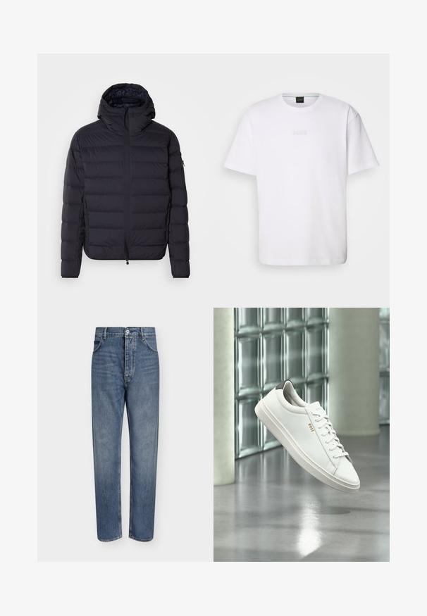 Pufjakke, marineblå, kviltet med vandrette sektioner, lynlåslukning foran, justerbar hætte, elastiske manchetter og sidelommer. Glat tekstur.; Hvid bomulds T-shirt med korte ærmer, rund halsudskæring og præget "BOSS" logo på brystet. Glat tekstur, standard pasform.; Straight-leg blå denim jeans med høj talje, frontknaplukning og fem-lomme design på en ensartet lys baggrund.; Hvid læder lav-top sneaker med snørebånd, sort hælflig og "BOSS"-logo, svævende indendørs nær glasblok væg og poleret gulv.
