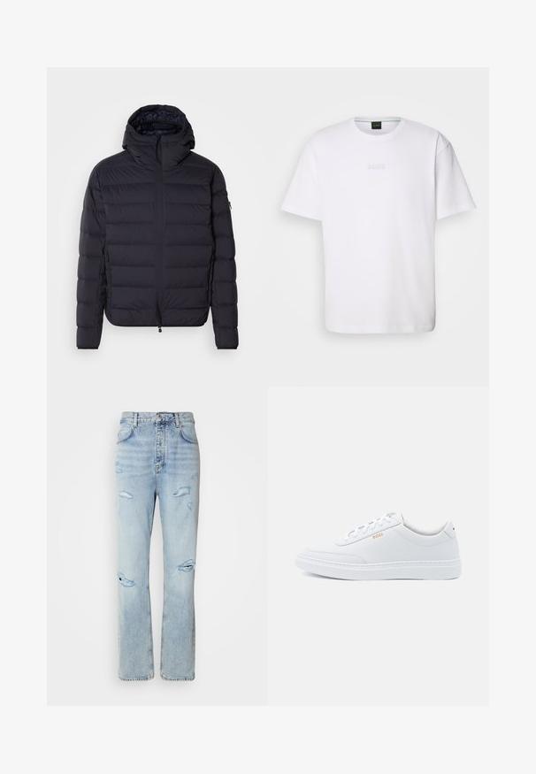 Chaqueta de plumas, azul marino, acolchada con secciones horizontales, frente con cremallera, capucha ajustable, puños elásticos y bolsillos laterales. Textura suave.; Camiseta de algodón blanca de manga corta, con escote redondo y logotipo grabado de "BOSS" en el pecho. Textura suave, ajuste estándar.; Jeans de mezclilla de lavado claro con un corte relajado, que presentan áreas desgastadas y bordes deshilachados. La tela tiene una textura suave y lisa.; Zapatillas de cuero blanco con textura suave, puntera redondeada y costuras tonales. Cuentan con cordones azules y un logo dorado en el lateral.
