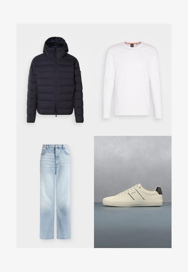 Opvouwbare jas, marineblauw, gewatteerd met horizontale secties, ritsluiting aan de voorkant, verstelbare capuchon, elastische manchetten en zijzakken. Gladde textuur.; Witte lange mouwen t-shirt gemaakt van katoen. Heeft een ronde halslijn en een klein reliëflogo op de linkerborst. Glad textuur.; Lichtblauwe, hoog getailleerde, rechte jeans met voorzakken, riemlussen en een knoopsluiting.; Crème-kleurige sneakers met een gladde textuur, voorzien van zwarte accenten en branding. Tijdloos vetersysteem met een ronde neus en rubberen zool.