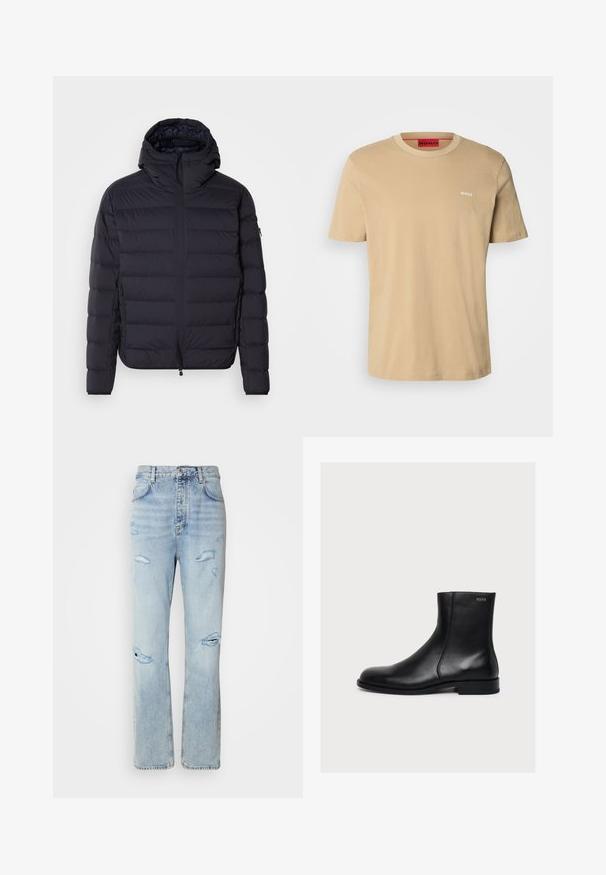 Puffer-takki, tummansininen, tikattu vaakasuorilla osuuksilla, vetoketjulla edessä, säädettävä huppu, joustavat hihansuut ja sivutaskut. Sujuva pinta.; Beige t-paita, jossa on pyöreä kaula-aukko, lyhyet hihat ja pieni valkoinen "HUGO" -logo rinnassa. Tasainen rakenne ilman kuvioita.; Vaaleansiniset farkut rentoa istuvuutta, joissa on kulutettuja alueita ja rispaantuneita reunoja. Kangas on pehmeä ja sileä.; Musta sileä nahkainen nilkkasaapas, jossa matala korko ja sivuvetoketju, Hugo-merkintä lähellä yläreunaa.