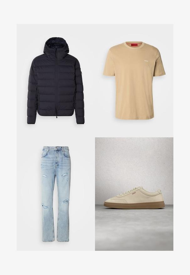 Puhvisuve, tumesinine, tikandiga horisontaalsete sektsioonidega, lukuga ees, reguleeritava kapuutsiga, elastsete mansettide ja küljetaskutega. Sile tekstuur.; Beige puuvillane t-särk, millel on ümmargune kaelus, lühikesed varrukad ja väike valge "HUGO" logo rinnal. Sile tekstuur ilma mustriteta.; Heledad avatud pesu denimidest teksad, millel on vabalt langev lõige, sisaldades kulumisjälgi ja hõõrdunud ääri. Kanga tekstuur on pehme ja sile.; Helebeežist beežist pastellseemisnahast toss, kummisest kummist tallaga, silmapaistvate paelte ja peenikeste õmblustega. Puhas disain minimalistliku esteetikaga.