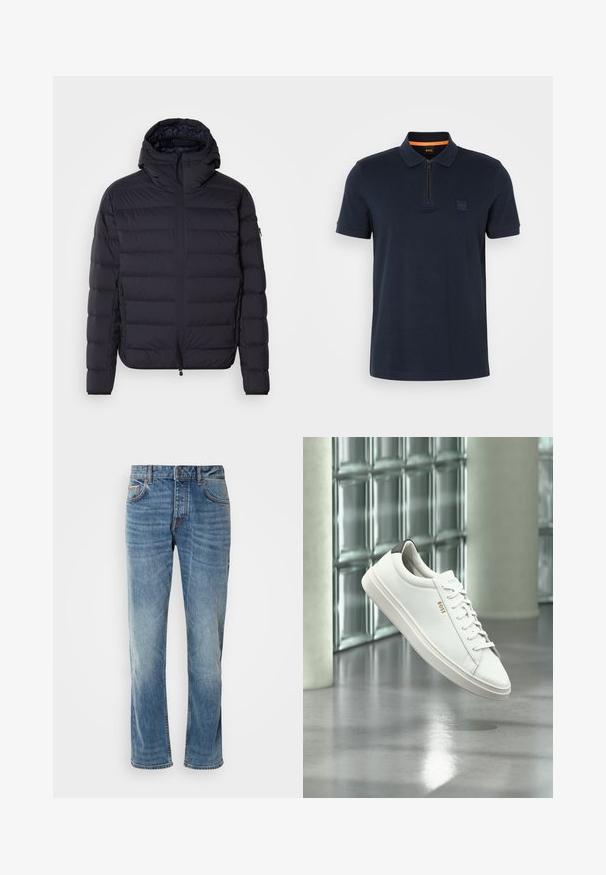 Pufjakke, marineblå, kviltet med vandrette sektioner, lynlåslukning foran, justerbar hætte, elastiske manchetter og sidelommer. Glat tekstur.; Marineblå polo shirt med lynlås-colar, indeholdende et lille logo-patch på brystet og korte ærmer. Materialet er en bomuldsblanding med en glat tekstur.; Lyseblå denimbukser med lige ben, fem lommer, kontrasterende syninger og en falmet finish. Har en knap- og lynlåsåbning.; Hvid læder lav-top sneaker med snørebånd, sort hælflig og "BOSS"-logo, svævende indendørs nær glasblok væg og poleret gulv.