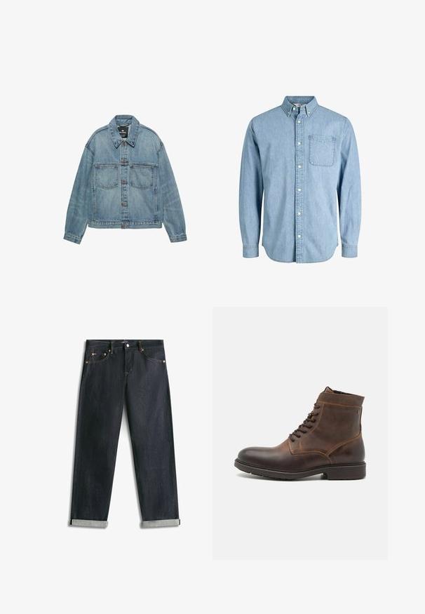 Veste en jean bleu clair avec fermeture boutonnée, deux poches poitrine et col classique. Texture usée avec une coupe décontractée.; Chemise en denim bleu clair à boutons, manches longues, col, poche avant et texture subtile. Présente des boutons blancs le long de la patte de boutonnage.; Jean en denim bleu foncé avec revers roulés, cinq poches et coutures contrastées, posé à plat sur un fond blanc.; Jack & Jones JFWDELANEY BOOT - Bottines à lacets - cognac
