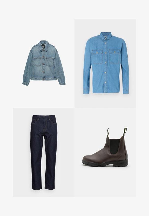 Veste en jean bleu clair avec fermeture boutonnée, deux poches poitrine et col classique. Texture usée avec une coupe décontractée.; Chemise en denim bleu clair à manches longues, fermeture à boutons sur le devant, deux poches poitrines, col pointu et boutons dorés. Texture lisse, design décontracté.; Jeans en denim bleu foncé avec une coupe droite, cinq poches et des coutures jaunes contrastées. Conçus avec une fermeture classique à bouton et à glissière.; Bottine Chelsea en cuir marron avec des panneaux élastiques sur les côtés, des anses en haut et une semelle en caoutchouc durable, présentant une finition lisse.