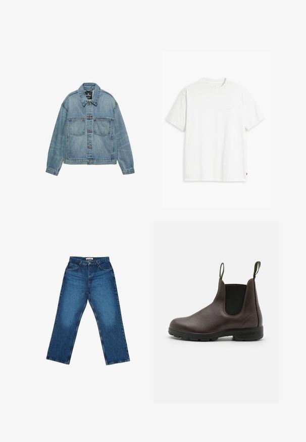 Veste en jean bleu clair avec fermeture boutonnée, deux poches poitrine et col classique. Texture usée avec une coupe décontractée.; T-shirt en coton blanc à manches courtes, col rond, avec un logo "Levi's" discret imprimé en couleur claire sur le devant.; Jean en denim bleu à coupe droite, avec une taille dotée de passants de ceinture, des poches avant et des effets de décoloration sur les jambes.; Bottine Chelsea en cuir marron avec des panneaux élastiques sur les côtés, des anses en haut et une semelle en caoutchouc durable, présentant une finition lisse.