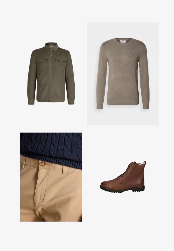Oliven grøn kordfløjljakke med krave, frontknaplukning og to brystlommer med flap og knapper.; Khaki-farvet sweater lavet af blødt strikkemateriale, med rund halsudskæring, lange ærmer og en diskret broderet logo på brystet.; Nærbillede af beige bukser med knaplukning kombineret med navyblå kabelstrikket sweaterkant.; Brune læder ankelstøvler med en tekstureret overflade, snørebånd fortil, rund tå og en kraftig gummisål. Inkluderer en pull-tab bagpå.