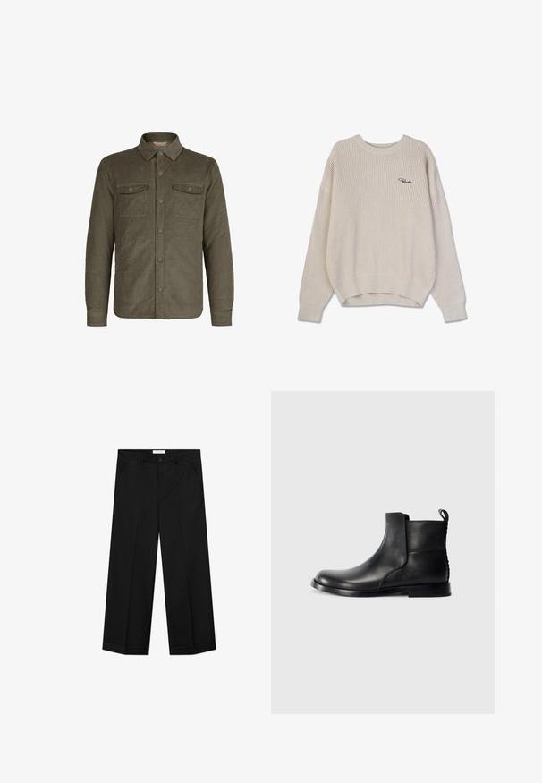 Oliven grøn kordfløjljakke med krave, frontknaplukning og to brystlommer med flap og knapper.; Beige ribbet striktrøje med rund halsudskæring og drop shoulder. Har et broderet logo på brystet. Blød tekstur, afslappet pasform.; Sorte bukser med vide ben lavet af et glat materiale, med forlommer, knaplåsning og en presset rille ned langs hvert ben.; Sort læder ankelstøvle med rund tå, elastiske sidepaneler og en tekstureret bagside. Har en flad gummisål og strop til at trække i.