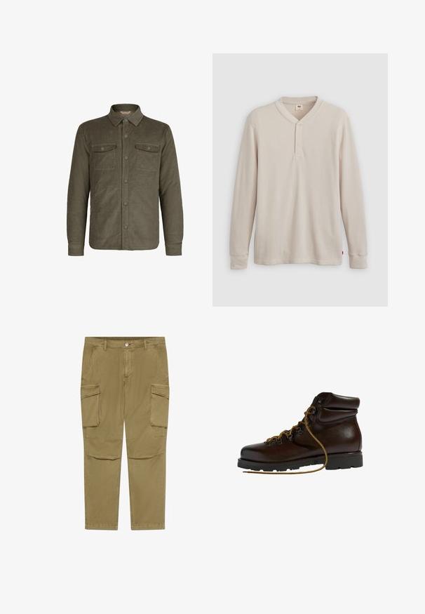 Olivgrüne Cord-Jacke mit Kragen, Vorderknopfschluss und zwei aufgesetzten Brusttaschen mit Knöpfen.; Langärmliges Henley-Shirt aus leicht beigem Rippstoff mit V-Ausschnitt, Knopfleiste mit drei Knöpfen und angeschnittenen Ärmeln. Roter Logo-Tag am Saum.; Khakifarbene Cargohosen mit Knopf- und Reißverschluss, ausgestattet mit seitlichen Klappentaschen und schrägen Vorderentaschen.; Brauner Leder-Wanderschuh mit abgerundetem Zeh, strukturierten Oberflächen, gelben Schnürsenkeln und Metallösen. Enthält eine robuste schwarze Gummisohle.