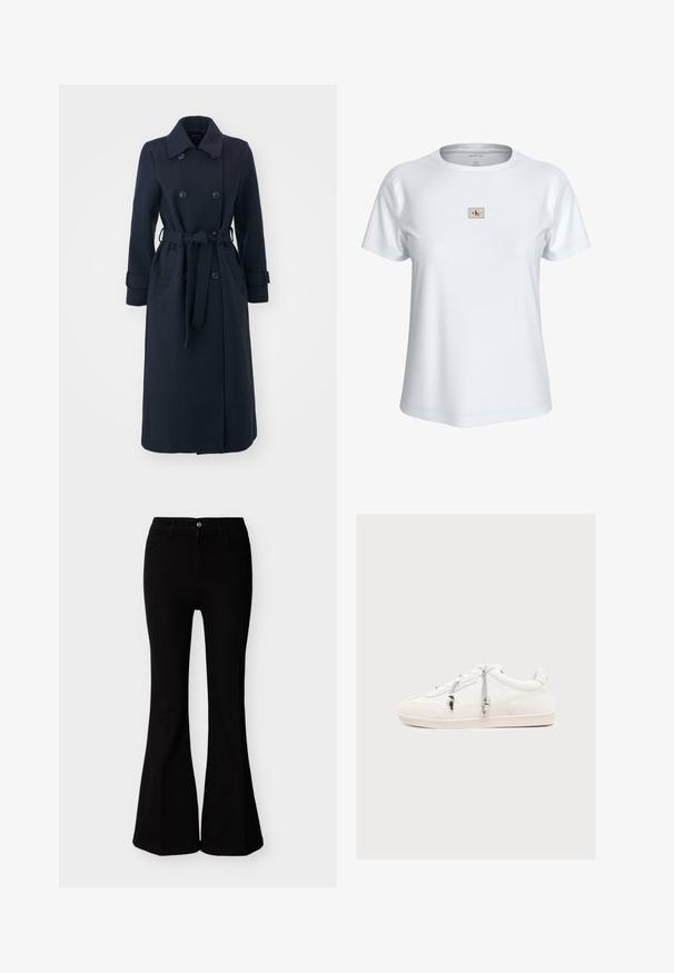 Trench-coat bleu marine en tissu mélange de laine, avec un double boutonnage à l'avant, une taille ceinturée et des poches latérales.; T-shirt blanc à manches courtes col rond avec un petit écusson rectangulaire du logo Calvin Klein Jeans centré sur la poitrine.; Jean évasé noir taille haute avec fermeture à boutons et fermeture éclair, poches avant, cintré au niveau des hanches et des cuisses.; Baskets basses blanches avec lacets en tissu et petites perles décoratives sur le côté, sur un fond clair uni.
