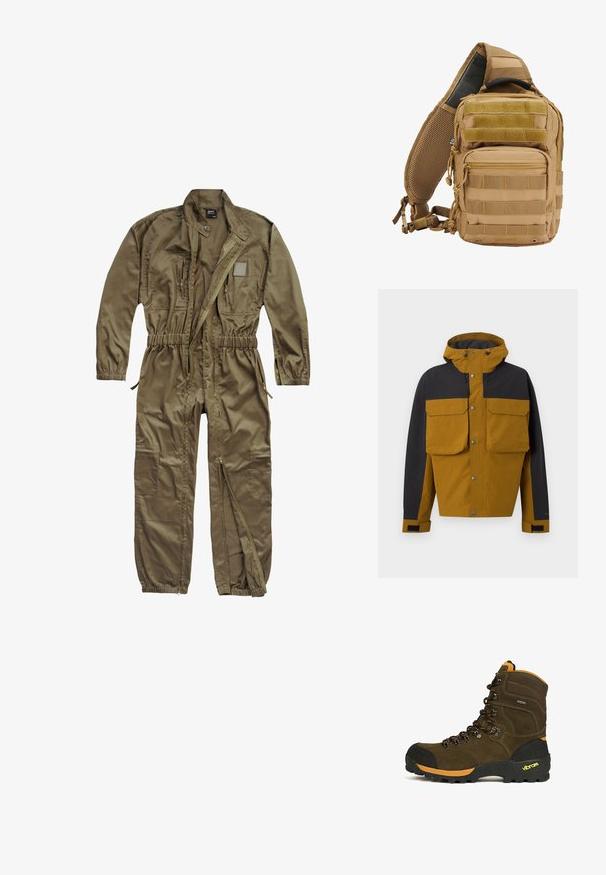 Veste à capuche bicolore marron et noire avec boutons-pression à l'avant, grandes poches poitrine à rabats et sangles de poignet réglables.; Combinaison utilitaire vert olive en tissu résistant, avec fermeture éclair à l'avant, taille élastique et plusieurs poches sur le torse et les jambes.; Botte de randonnée montante marron avec bout renforcé noir, accents orange, semelle Vibram robuste, et lacets noirs et orange.; Sac à dos tactique beige avec plusieurs poches, sangles en toile, dos en maille rembourré, fermetures éclair et coutures renforcées pour plus de durabilité.