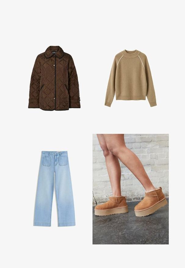 Brun quiltet jakke med sort kant, trykknaplukning, sidelommer og justerbare manchetter, præsenteret på hvid baggrund.; Beige ribstrikket sweater med lange ærmer, rund halsudskæring og diskrete hvide kantebånd langs skuldersømmene.; Lyseblå bukser med vide ben lavet af denim. Har høj talje, for-lynlås og knaplukning samt to baglommer med buet syning.; Brune ruskinds ankelsko med en blød foring, tyk beige plattformsål og en bageste løkke. Tekstureret overflade med synlige sømdetaljer.