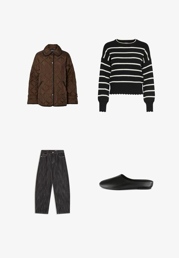 Brun quiltet jakke med sort kant, trykknaplukning, sidelommer og justerbare manchetter, præsenteret på hvid baggrund.; Sort sweater med hvide vandrette striber, ribbet tekstur, rund halsudskæring og bølget kant. Lange ærmer med tætsiddende manchetter.; Sort denimjeans med vidde ben, fem-lomme design, synlige hvide syninger og knaplukning i taljen.; Sort slip-on sko med en glat læderfinish, rund tå, minimalistisk design og uden hæl, der har en lav, flad sål.
