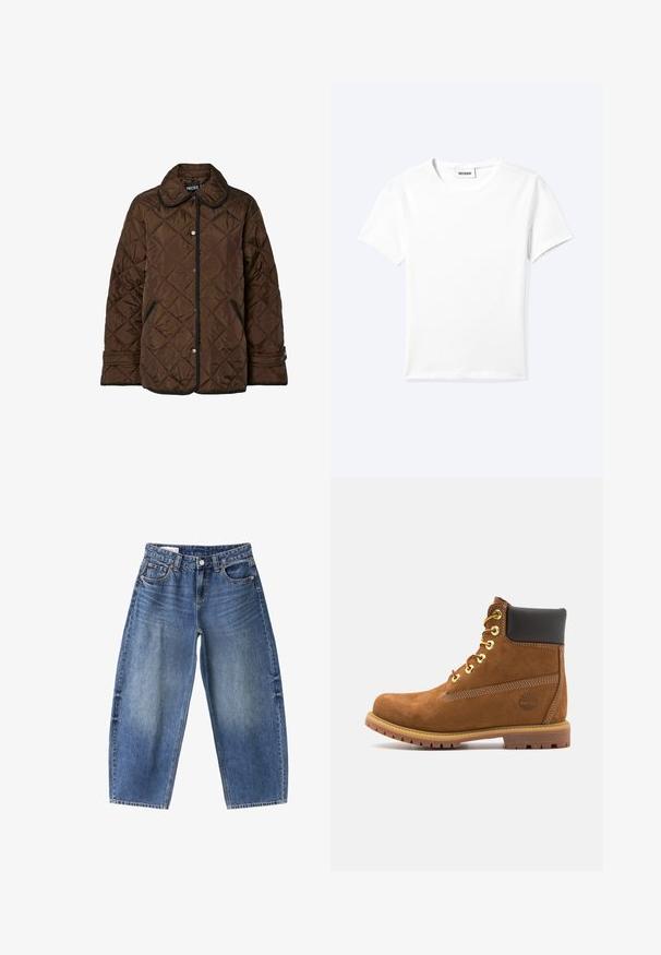 Brun quiltet jakke med sort kant, trykknaplukning, sidelommer og justerbare manchetter, præsenteret på hvid baggrund.; Ensfarvet hvid t-shirt med korte ærmer og rund halsudskæring med en lille "WEEKDAY" label indeni halskanten, vist fladt på en lys baggrund.; Blå denimjeans med løs pasform, frontknap og lynlås, lommer foran og bagpå samt falmet vaskedetalje.; Brun ruskinds ankelstøvle med sort polstret krave, gyldne øjer, snørebånd foran og gummisål med et struktureret mønster.