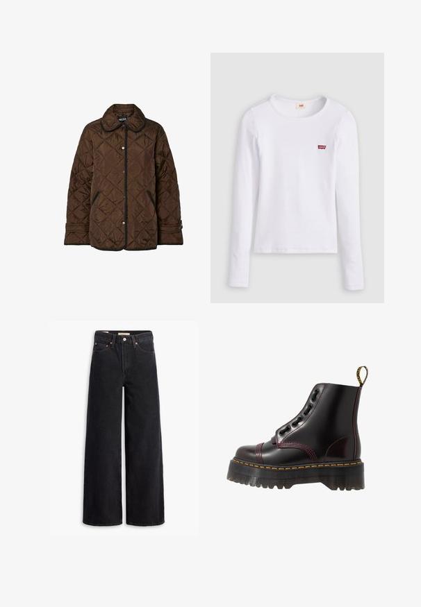 Brun quiltet jakke med sort kant, trykknaplukning, sidelommer og justerbare manchetter, præsenteret på hvid baggrund.; Hvid Levi's langærmet skjorte med rund halsudskæring og lille rødt Levi's-logo på venstre bryst, vist på en ensfarvet baggrund.; Sorte brede benjeans lavet af denim, med fem lommer, kobbernitter og en klassisk knaplukning. Glat tekstur med et rent design.; Dr. Martens SINCLAIR - Plateaustøvletter - cherry red arcadia