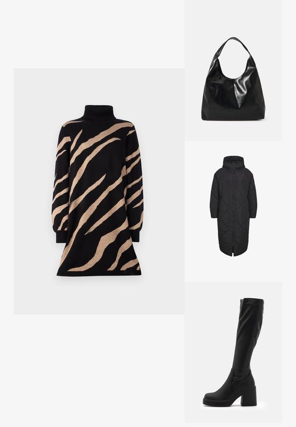 Sort polstret jakke med hætte, der har en fuldlængde lynlås og diamant-quiltet mønster. Fremstillet af blødt, let materiale.; Turtleneck kjole i sort med brune tigerstriber, med lange ærmer og en flagrende kant. Lavet af et blødt, tekstureret strikmateriale.; Sorte knæhøje støvler lavet af glat syntetisk materiale, med en tyk blokhæl og strømlinet design med elastisk top.; Sort læder hobo taske med en blød, skinnende tekstur og en rund, åben top. Har en bred, buet strop til bæring. Ingen synlig hardware.