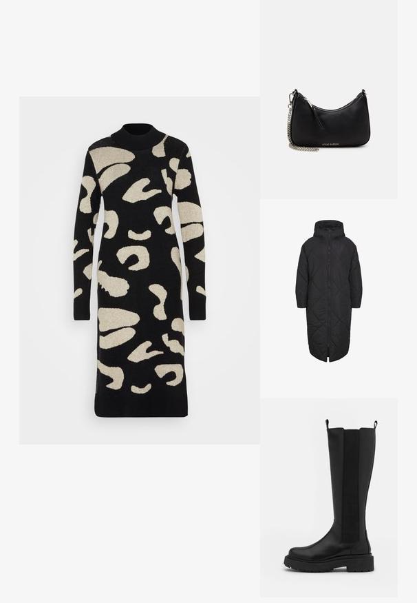 Abrigo acolchado negro con capucha, que presenta un cierre de cremallera de longitud completa y un patrón de rombos acolchados. Fabricado en un material suave y ligero.; Vestido de punto con cuello alto, que presenta una base negra y un estampado abstracto de leopardo en crema, mangas largas y puños acanalados.; Bota negra hasta la rodilla con un exterior de cuero suave, paneles laterales elásticos, punta redondeada y una gruesa suela de goma negra.; Bolso de mano sintético negro con forma curved, cadena plateada, cierre de cremallera y logo de la marca en relieve en la parte frontal. Textura suave.