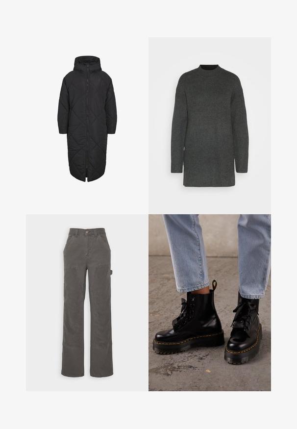 Abrigo acolchado negro con capucha, que presenta un cierre de cremallera de longitud completa y un patrón de rombos acolchados. Fabricado en un material suave y ligero.; Suéter de canalé gris oscuro con cuello alto, mangas largas y un corte relajado, fabricado en un material de punto texturizado.; BDG Urban Outfitters PANEL CARPENTER - Pantalones cargo - charcoal; Persona que lleva puestos vaqueros azul claro y botas negras de cuero con plataforma y cordones, con costuras amarillas sobre un suelo de hormigón.