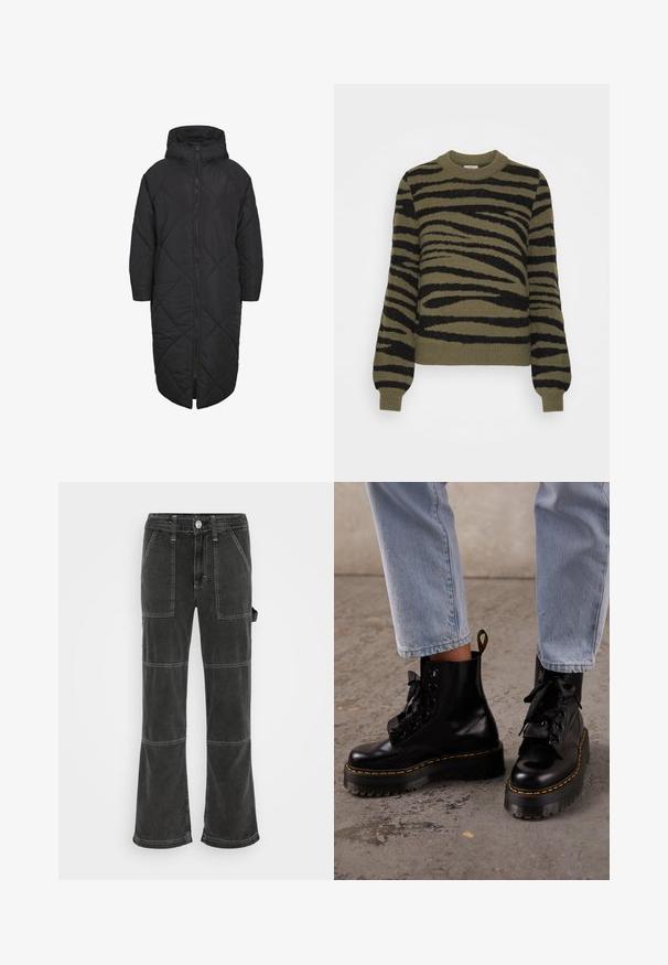 Sort polstret jakke med hætte, der har en fuldlængde lynlås og diamant-quiltet mønster. Fremstillet af blødt, let materiale.; Oliven grøn sweater med sorte tigerribber, strikket tekstur, rund hals og ribbede manchetter. Lange ærmer, afslappet pasform, ingen yderligere detaljer.; BDG Urban Outfitters UTILITY SKATE - Jeans Relaxed Fit - washed black; Person iført lyseblå jeans og sorte læder platformssnørestøvler med gul syning på en beton gulv.