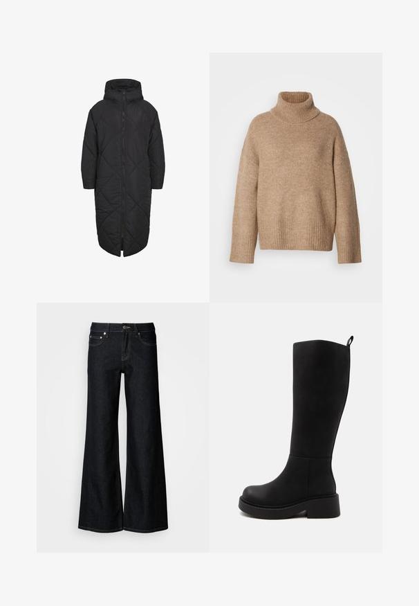 Abrigo acolchado negro con capucha, que presenta un cierre de cremallera de longitud completa y un patrón de rombos acolchados. Fabricado en un material suave y ligero.; Suéter beige de cuello alto hecho de una tela de punto suave. Presenta un cuello y puños acanalados, con un ajuste relajado y costuras caídas en los hombros.; Pantalones vaqueros de pierna ancha y denim oscuro, con cintura alta, diseño de cinco bolsillos y costuras contrastantes en color amarillo a lo largo de las costuras.; Bota alta negra con suela gruesa y tacón bajo de bloque, textura lisa y pequeño lazo en la parte trasera superior para facilitar el calzado.