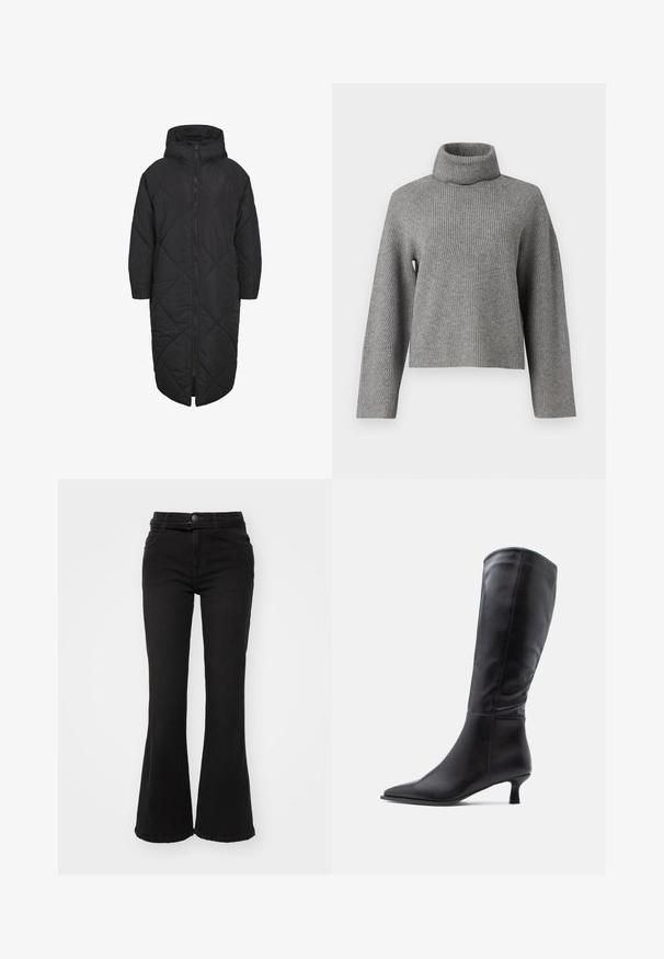 Mustat täytetty takki, jossa on huppu, täyskannellinen vetskari ja timanttivammakuvio. Valmistettu pehmeästä, kevyestä materiaalista.; Object Roll neck - Neule - medium grey; Musta löysäklikkaiset farkut korkealla vyötäröllä, valmistettu denim-kankaasta. Sisältää etutaskut, nappikiinnityksen ja sileän pinnan.; Musta nahkainen polven yläpuolelle ulottuva saapas, jossa on terävä kärki ja hoikka korko. Sileä pinta, istuva varsi ja niukka metallikoristelu.