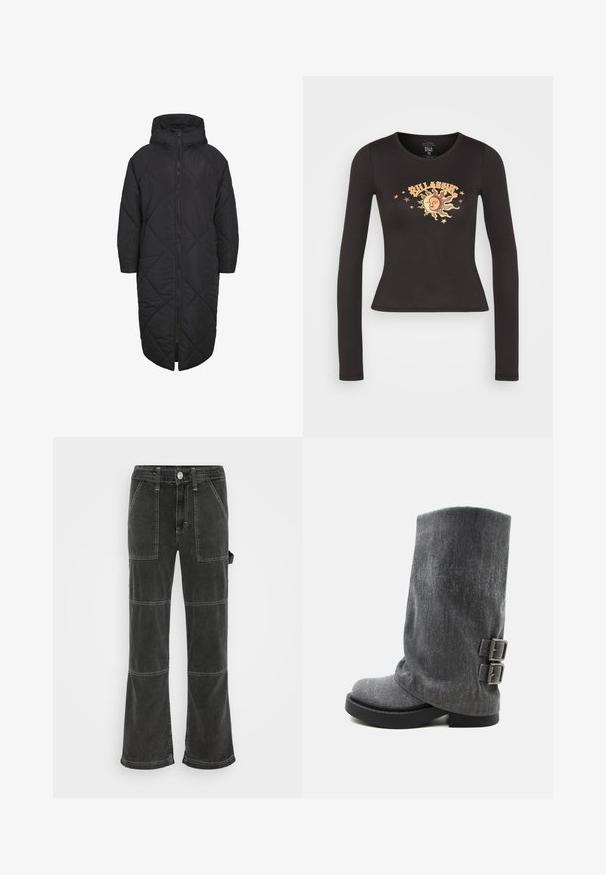 Mustat täytetty takki, jossa on huppu, täyskannellinen vetskari ja timanttivammakuvio. Valmistettu pehmeästä, kevyestä materiaalista.; Mustapohjainen pitkähihainen istuva crop-top, jossa on auringon ja kuun graafinen kuvasto, jota ympäröivät tähdet ja "Billabong"-teksti rinnassa.; BDG Urban Outfitters UTILITY SKATE - Relaxed fit -farkut - washed black; Harmaa keskisääreen ulottuva löysä saapas, jossa on musta pohja ja kaksi säädettävää sivuvyötä, esitetty sivuprofiilissa valkoisella taustalla.