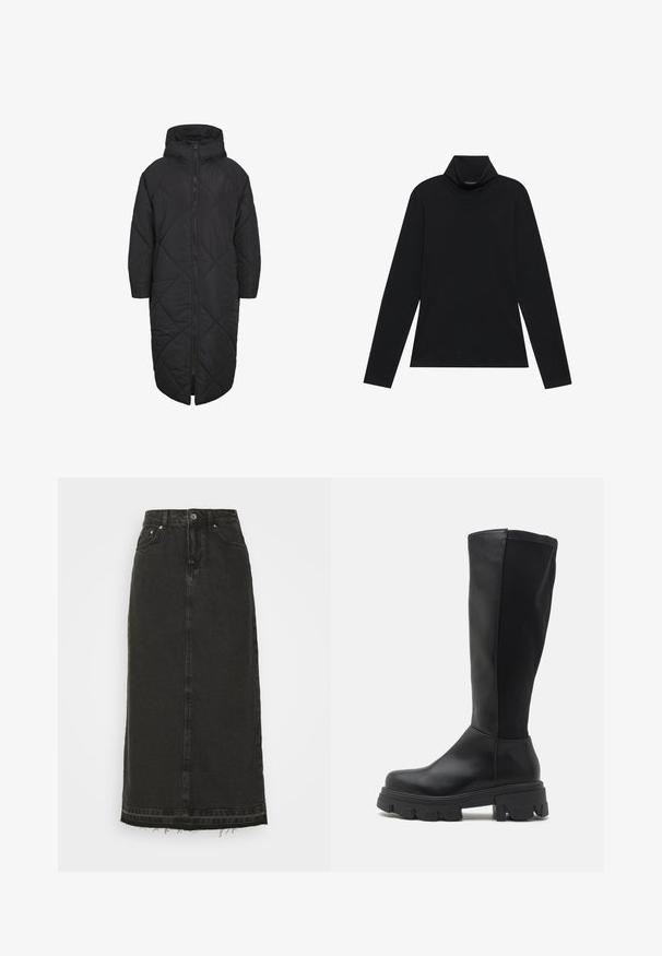 Must must coat, millel kapuutsiga, mis on varustatud täispika tõmblukuga ja teemantõmblustega. Valmistatud pehmest ja kerge kaaluga materjalist.; Musthave musta pika varrukaga dressipluus. Pehme kangas, keha järgi vormitud disain, kõrge krae ja külgõmblused. Lihtne ja mitmekülgne stiil, sobib ideaalselt kihiline riietumine.; Musträpitud must denim midi seelik, millel on liibuv vöökoht, esiantiknapid ja rebitud ääred. Omab klassikalist viit taskut ja kerget tekstuuri.; RAID WILMA - Platvormsaapad - black