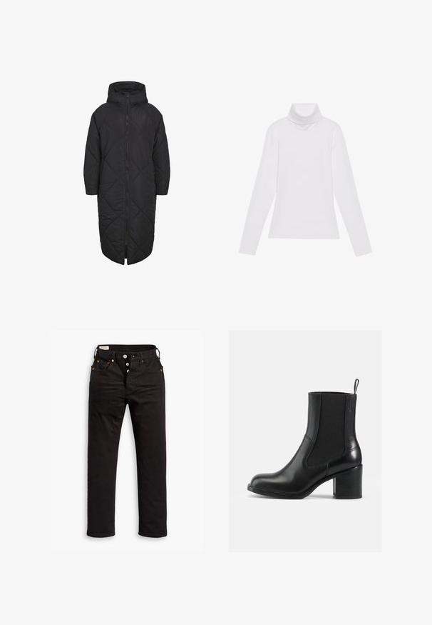 Zwarte gewatteerde jas met capuchon, voorzien van een volledige rits en een ruitpatroon. Gemaakt van zacht, lichtgewicht materiaal.; Witte lange mouw turtleneck top gemaakt van glad, elastisch materiaal. Voorzien van een hoge kraag en een getailleerd ontwerp, zonder zichtbare patronen of versieringen.; Zwarte rechtlopende jeans met knoopsluiting, voor- en achterzakken, en koperen klinknagels op een witte achtergrond.; Zwarte leren enkelboot met elastische zijkanten, ronde neus en blokhak. Gladde textuur met minimale stiknaaddetails.