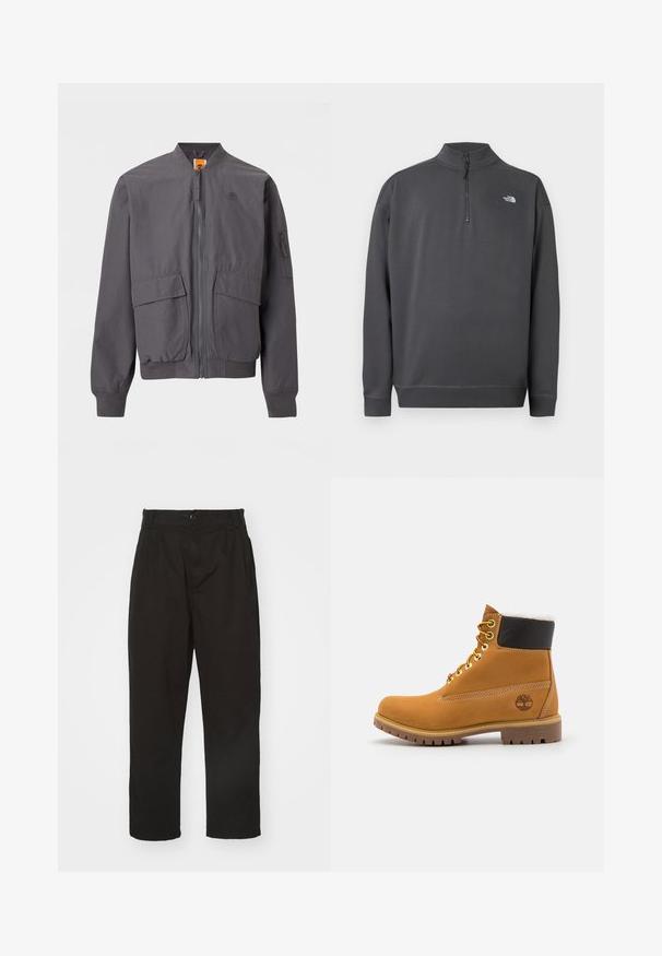 Blouson aviateur gris foncé avec fermeture éclair à l'avant, deux grandes poches à rabat, poignets et ourlet côtelés, et un petit logo sur la poitrine.; Pull gris foncé à manches longues avec col à glissière quart de zip et petit logo blanc The North Face sur le côté gauche de la poitrine.; Pantalons noirs en tissu lisse, dotés d'une fermeture à bouton, d'une coupe droite et de deux plis à l'avant pour un détail supplémentaire.; Bottine en cuir brun avec œillets en métal, doublure en fourrure blanche, col rembourré noir, semelle robuste et logo en relief sur le côté.