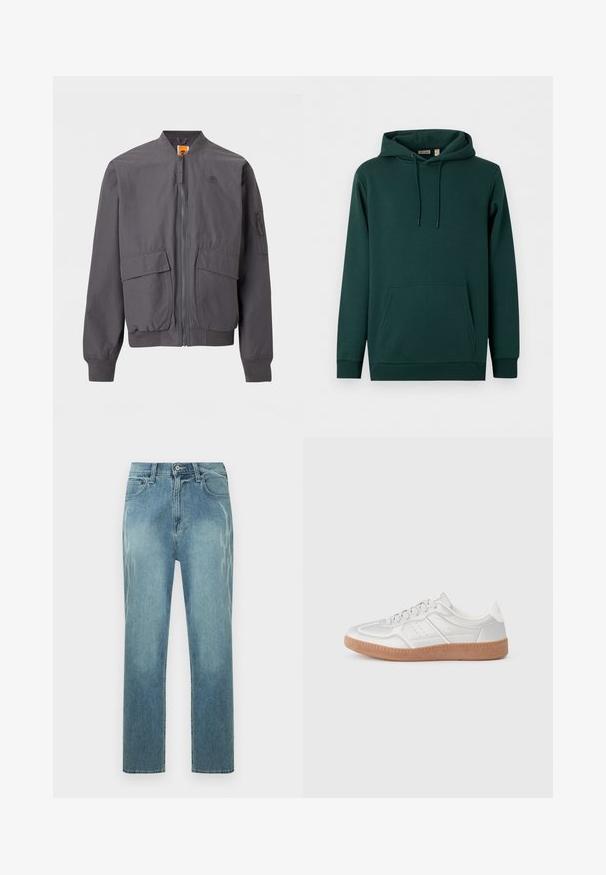 Blouson aviateur gris foncé avec fermeture éclair à l'avant, deux grandes poches à rabat, poignets et ourlet côtelés, et un petit logo sur la poitrine.; Sweat à capuche vert foncé avec poche avant, capuche à cordon et poignets et ourlet côtelés sur fond blanc uni.; Jean droit bleu clair avec imprimé léopard délavé sur les côtés, bouton à l'avant et conception classique à cinq poches.; Baskets argentées avec une texture lisse, un design à lacets, des accents perforés et une semelle en caoutchouc marron texturé.