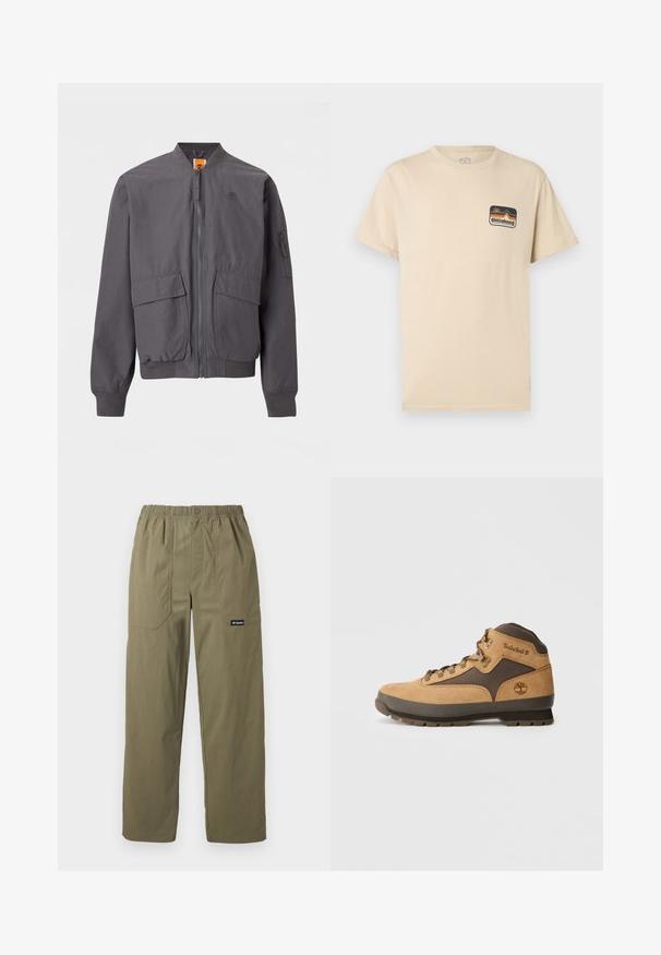 Blouson aviateur gris foncé avec fermeture éclair à l'avant, deux grandes poches à rabat, poignets et ourlet côtelés, et un petit logo sur la poitrine.; T-shirt beige à manches courtes avec un petit logo coloré Billabong Adventure Division sur le côté gauche de la poitrine.; Pantalon droit couleur vert olive avec taille élastique, poches plaquées avant, fermeture par bouton, et logo Columbia sur la poche droite.; Botte de randonnée en daim marron avec des accents brun foncé, œillets en métal et semelle antidérapante. Logo Timberland embossé sur le côté. Design mi-haut.