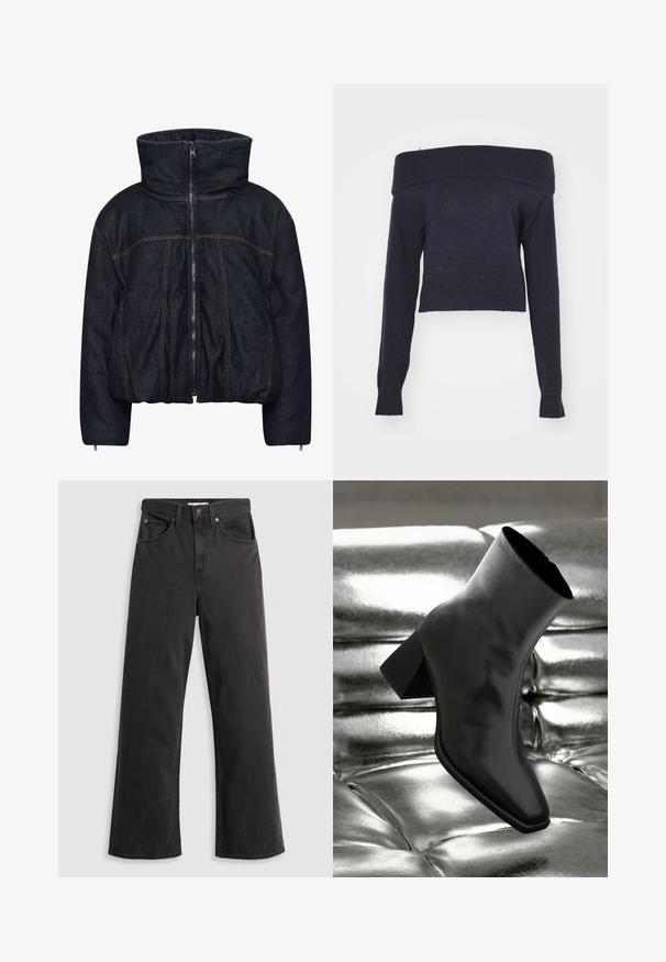 Gestuz RINOVA PUFFER - Winterjas - dark blue unwashed; Weekday LOLO OFF SHOULDER - Trui - navy; Zwarte denim wijde-spijkerbroek met een hoge taille, vijf zakken en een metalen knoopsluiting. De stof heeft een gladde, licht vervaagde textuur.; Zwarte enkellaarsjes van glanzend materiaal met een vierkante neus en taps toelopende hak, afgezet tegen een glanzende zilveren gecapitonneerde achtergrond.