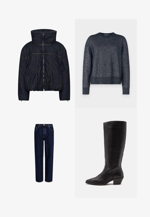 Gestuz RINOVA PUFFER - Vinterjakker - dark blue unwashed; Marineblå strikket sweater med rund halsudskæring, lange ærmer og en tekstureret overflade med subtile metalliske tråde throughout.; Mørkeblå denim jeans med lige ben-design, der har høj talje, fem-lomme-stil og kontrastsyninger. Ingen dekorationer.; Sort læderstøvle til midtkalv med spids tå og lavt skråt hæl på en enkel lys baggrund.