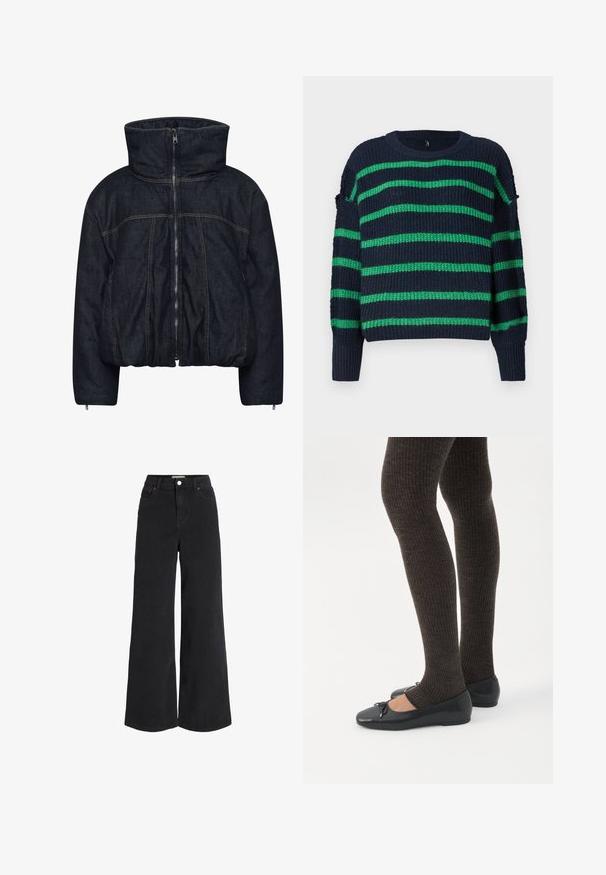 Gestuz RINOVA PUFFER - Winterjas - dark blue unwashed; Marineblauwe gebreide trui met groene horizontale strepen en geribbelde manchetten, met een ronde halslijn en een iets losser pasvorm.; Brede zwarte denim jeans met vijf pocketdesign, hoge taille en knoopsluiting. Heeft subtiele stiksels en een nette afwerking.; Benen met donkere geribbelde leggings gecombineerd met zwarte ballerina's met kleine strikdetails op een witte achtergrond.