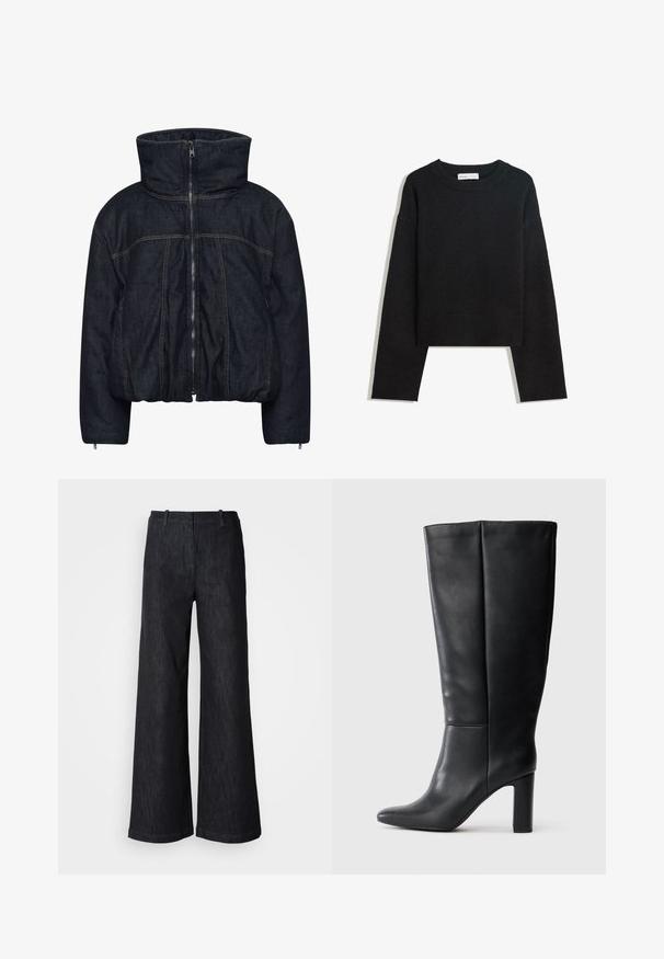 Gestuz RINOVA PUFFER - Vinterjakker - dark blue unwashed; Sort langærmet strikket sweater med rund hals, ribbede manchetter og kant samt cropped længde.; Sorte viddebenede denimbukser med en tekstureret finish, udstyret med bæltestropper og en ren kant. Klassisk design, velegnet til forskellige lejligheder.; Sorte læderstøvler til knæet med spidse tæer og en blokhælk. Glat tekstur med subtile syninger.